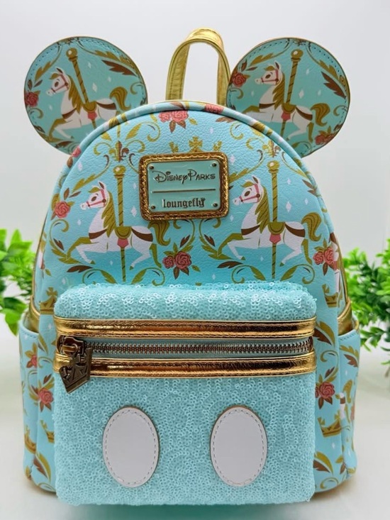 Loungefly Handbags - Loungefly Aqua Carousel Mouse Ear Mini Backpack with Gold Accents